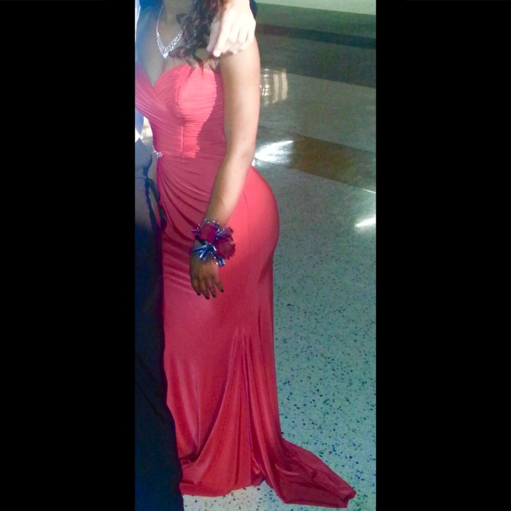 Red prom dress with sequined waist